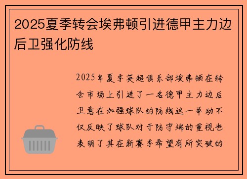 2025夏季转会埃弗顿引进德甲主力边后卫强化防线